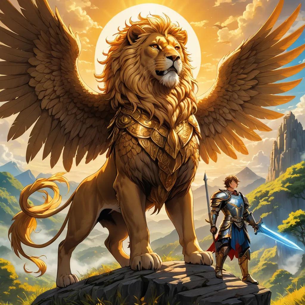 a lion with a sword and a knight standing on a rock with a mountain in the background and a sky with clouds, fantasy art, a storybook illustration, Clint Cearley, magic the gathering artwork