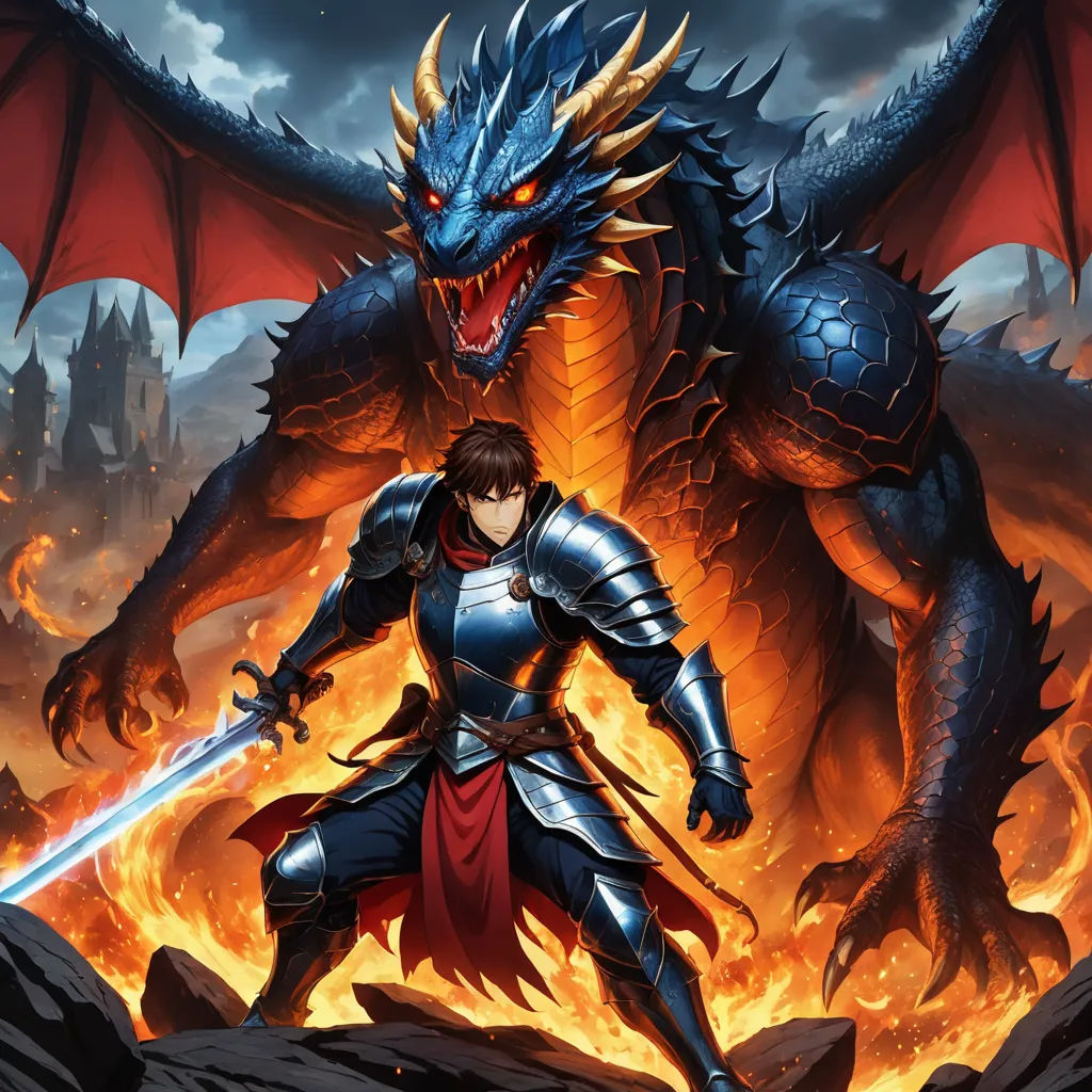 a man in armor with a sword in front of a dragon with a sword in his hand and a flame in his mouth, fantasy art, concept art, Anne Stokes, epic fantasy character art