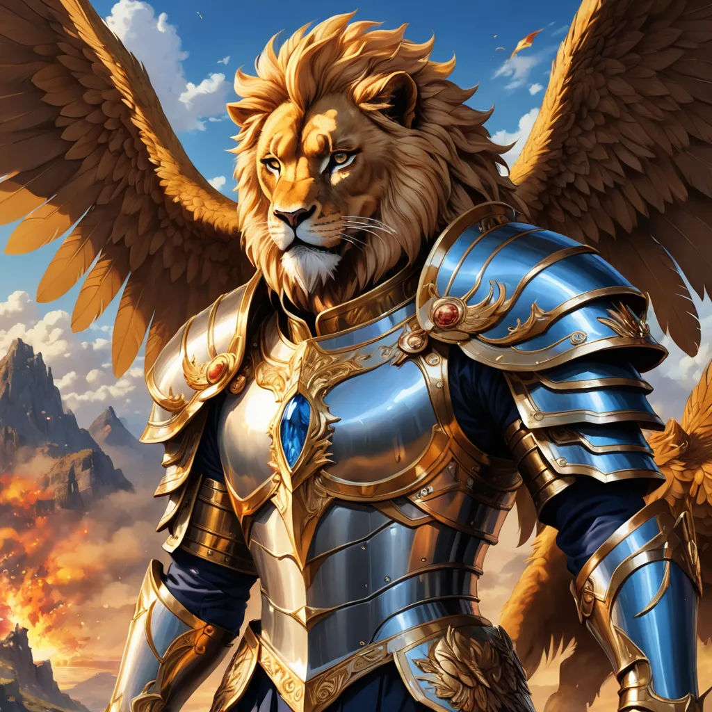 a lion with a golden mane and a blue armor with gold wings on it's chest and chest, fantasy art, a detailed painting, Anne Stokes, epic fantasy character art