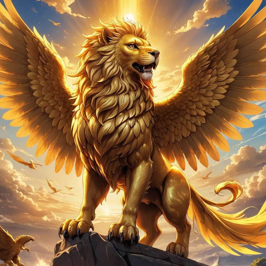 a golden lion with wings on a rock with a sky background and clouds in the background, with a sun shining behind it, fantasy art, a digital rendering, Anne Stokes, majestic