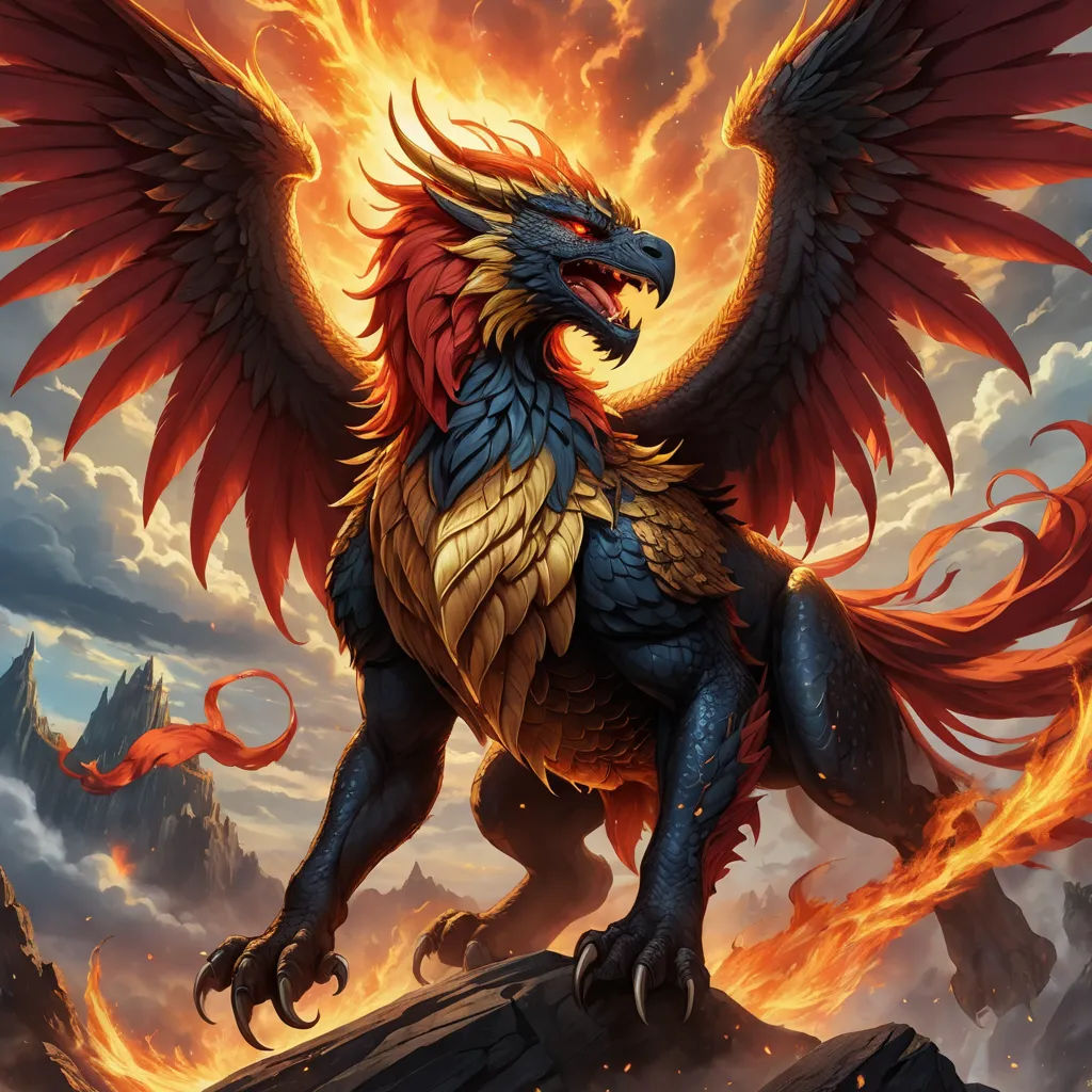 a dragon with red wings standing on a rock in front of a sky with clouds and a fireball, fantasy art, a detailed painting, Anne Stokes, magic the gathering artwork
