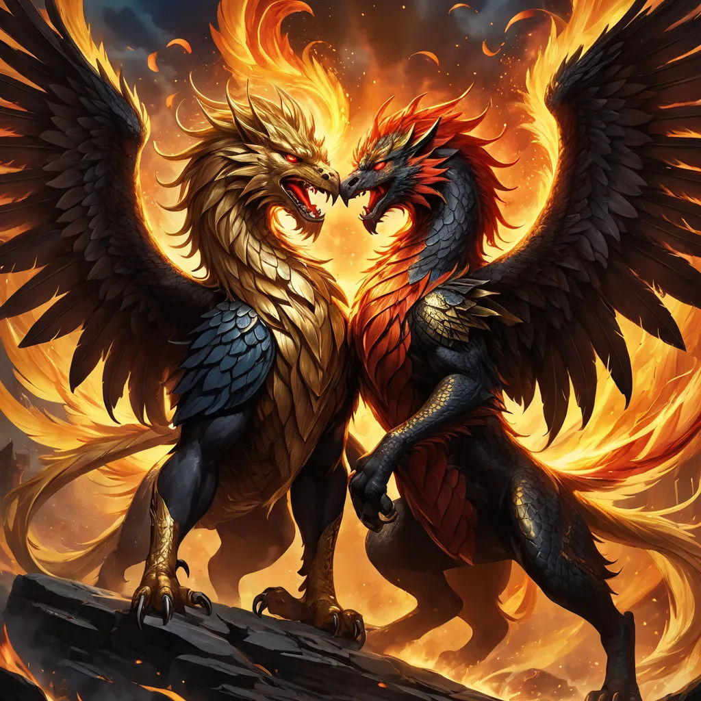 two dragon like creatures fighting over a rock in a fire filled sky with bright yellow flames behind them,, fantasy art, a detailed painting, Anne Stokes, magic the gathering artwork