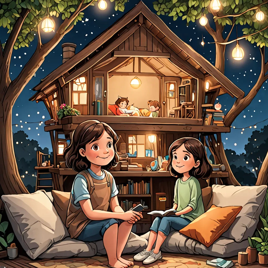 a couple of kids sitting on a couch in front of a house with a tree in the background and lights on, Diego Gisbert Llorens, lyco art, a storybook illustration, storybook illustration