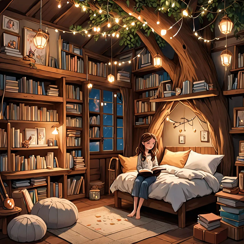 a girl sitting on a bed reading a book in a library with a tree hanging over her head and a lamp on the ceiling, Cyril Rolando, fantasy art, a storybook illustration, storybook illustration