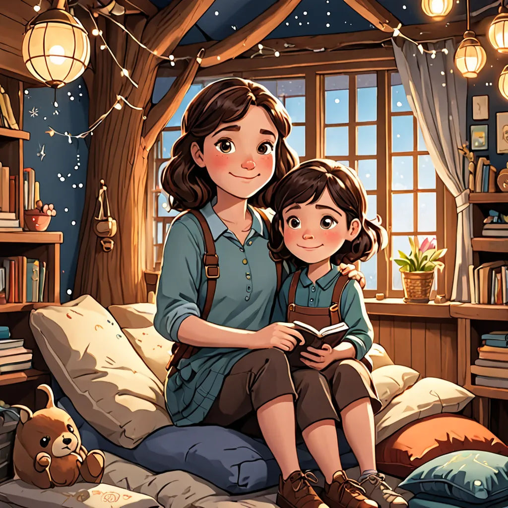 a woman and a child sitting on a bed in a room with a window and a book shelf with books, Diego Gisbert Llorens, lyco art, a storybook illustration, storybook illustration