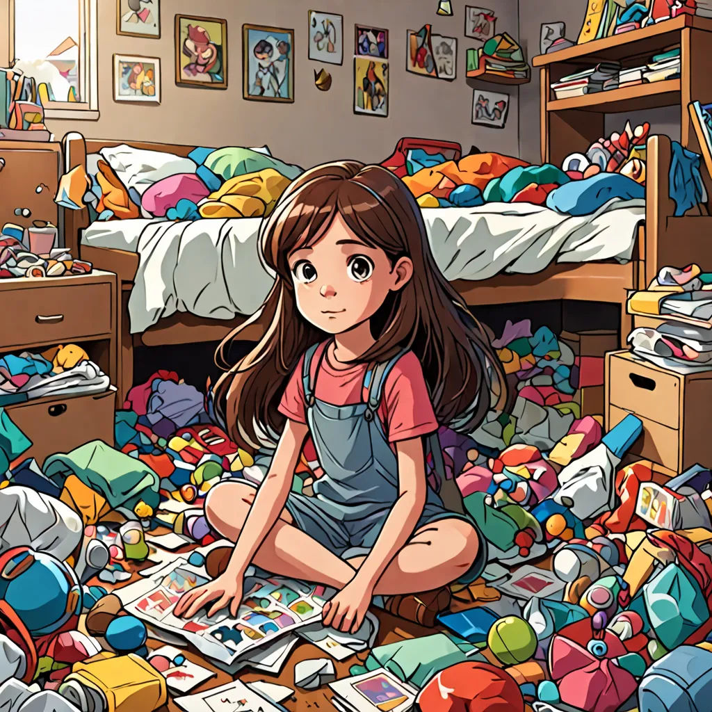 a girl sitting on the floor surrounded by toys and books in a messy room with a bed and a messy desk, Artgerm, visual art, a storybook illustration, anime art