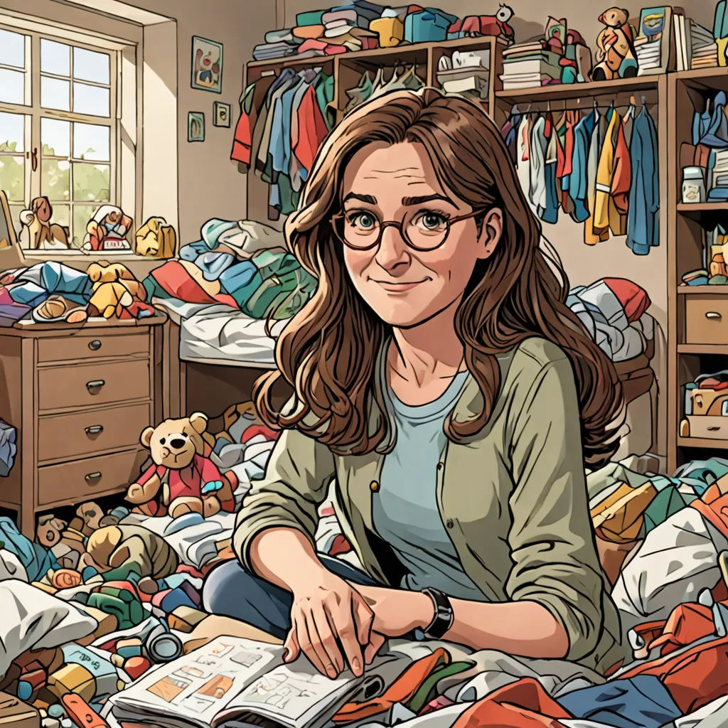 a woman sitting on the floor surrounded by a pile of clothes and a teddy bear in a room with a window, Eugeen Van Mieghem, process art, a character portrait, detailed illustration