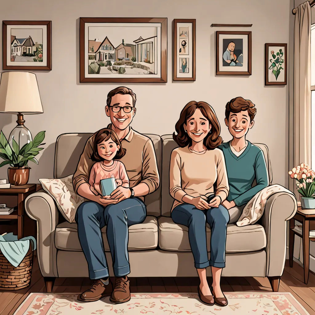a family sitting on a couch in a living room with a painting of a house and a dog on the wall, Colin Middleton, american scene painting, a storybook illustration, storybook illustration