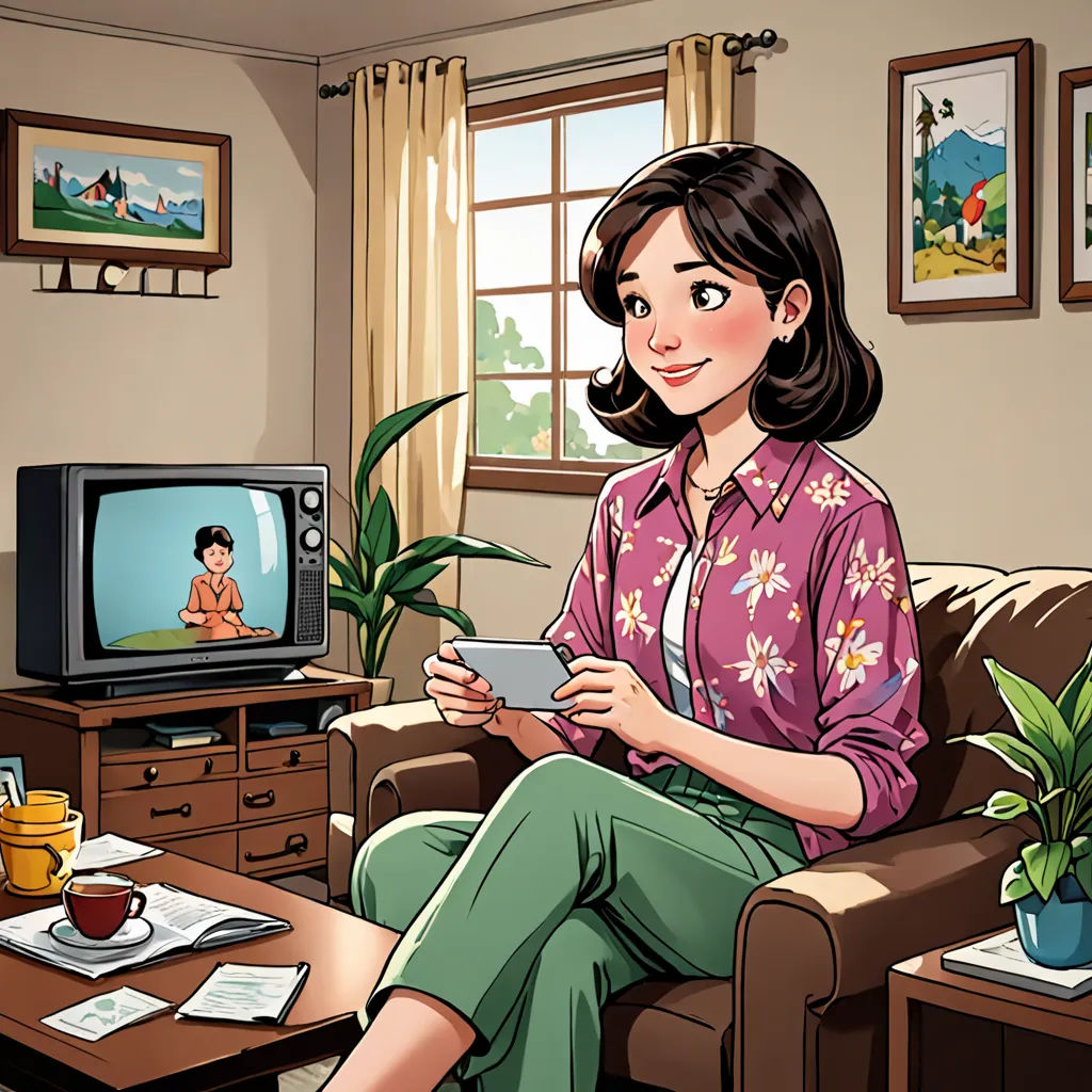 a woman sitting on a couch in front of a tv holding a tablet computer and looking at the screen, Byeon Sang-byeok, lyco art, a comic book panel, promotional image