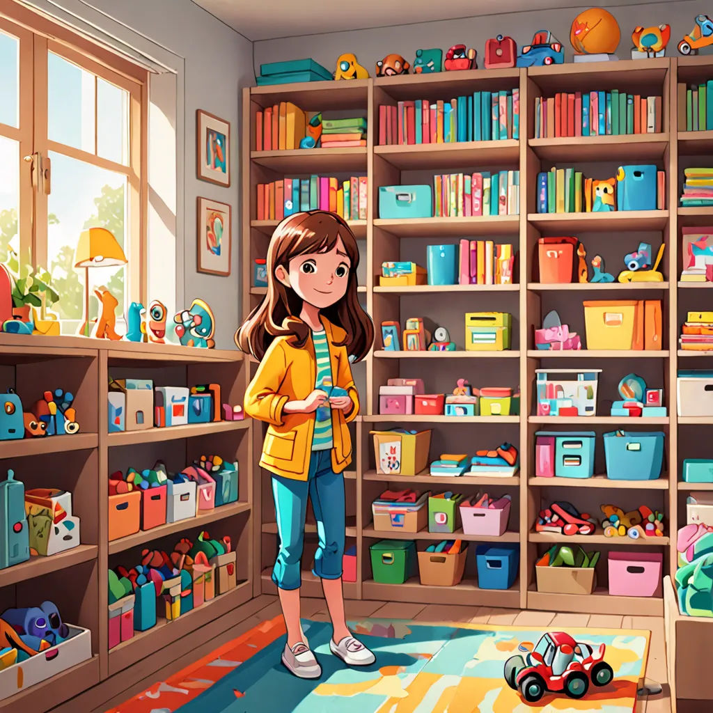 a girl standing in a room with a lot of toys on the shelves and a toy car on the floor, Chris LaBrooy, photorealism, a storybook illustration, promotional image