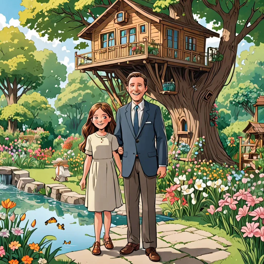 a man and a woman standing in front of a tree house with a pond and flowers in the foreground, Doug Ohlson, american impressionism, a storybook illustration, official art