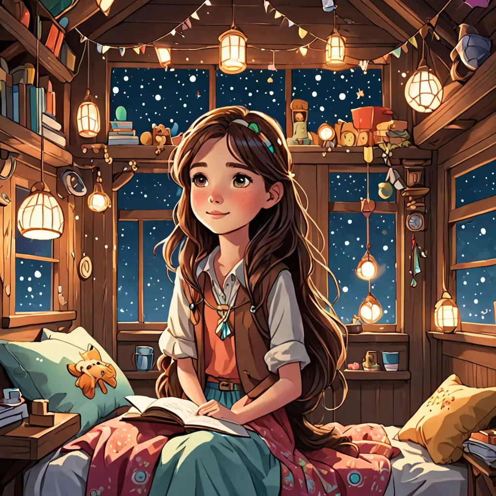 a girl sitting on a bed in a room with a window and a teddy bear on the bed and a book, Alice Prin, fantasy art, a storybook illustration, storybook illustration