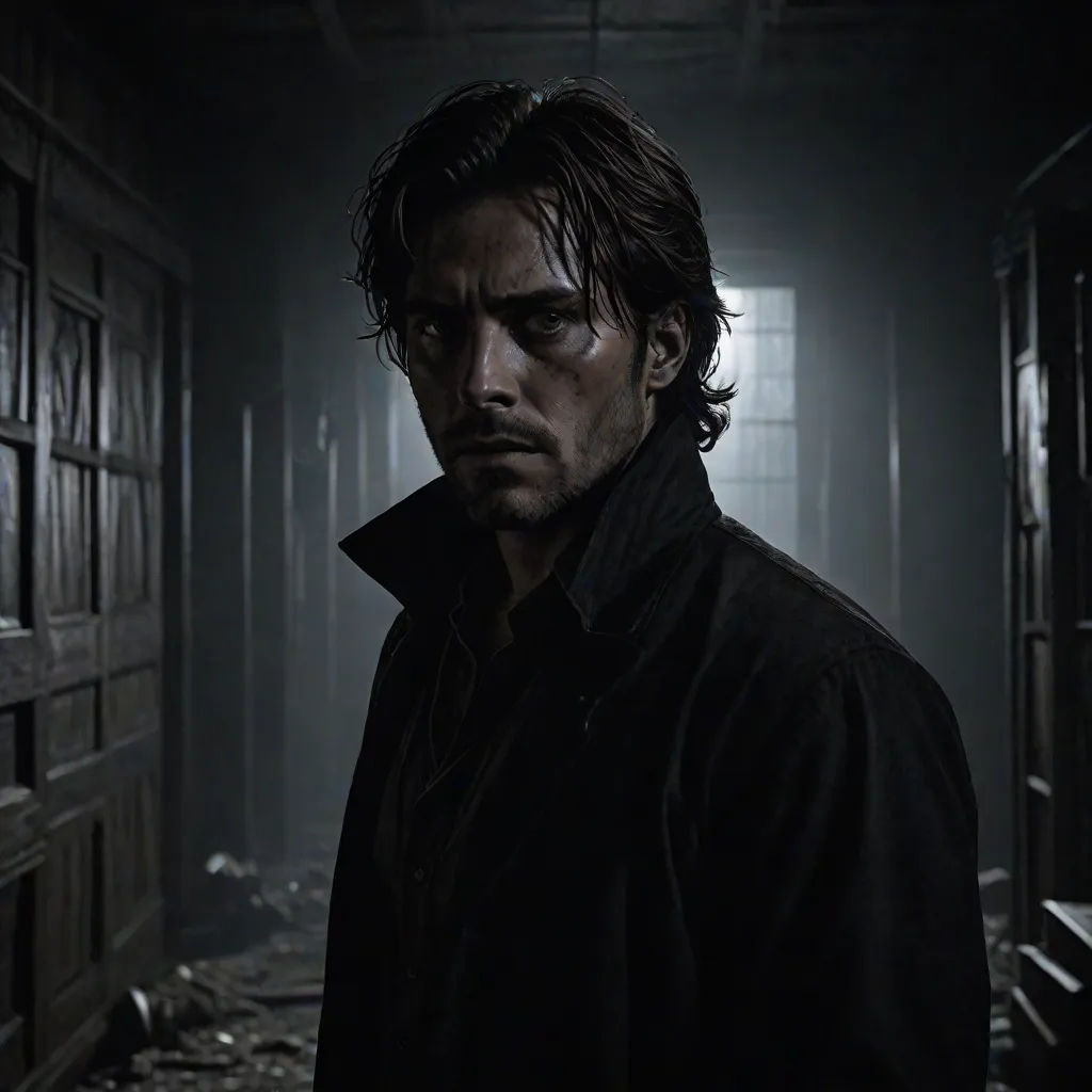 a man in a dark room with a dark background and a window in the corner of the room, looking at something, Derek Chittock, aestheticism, a character portrait, promotional image