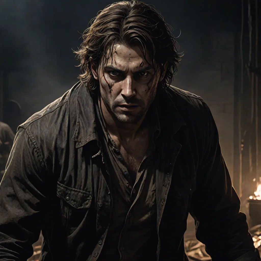 a man in a dark room with a knife in his hand and a fire in the background, with a man in the background, Cedric Seaut (Keos Masons), photorealism, a character portrait, promotional image