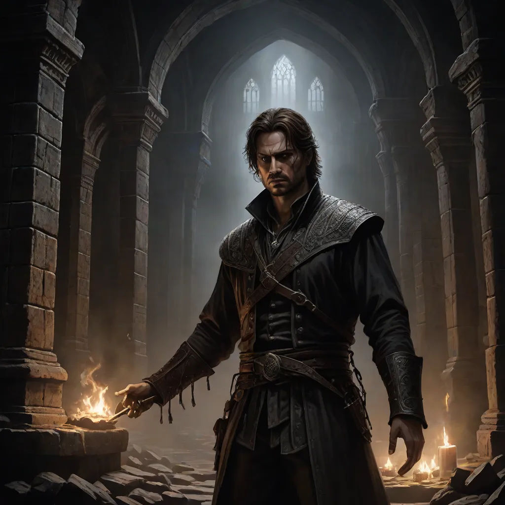 a man in a black outfit holding a sword in a dark room with a stone archway and a stone wall, Cedric Seaut (Keos Masons), fantasy art, a character portrait, magic the gathering artwork