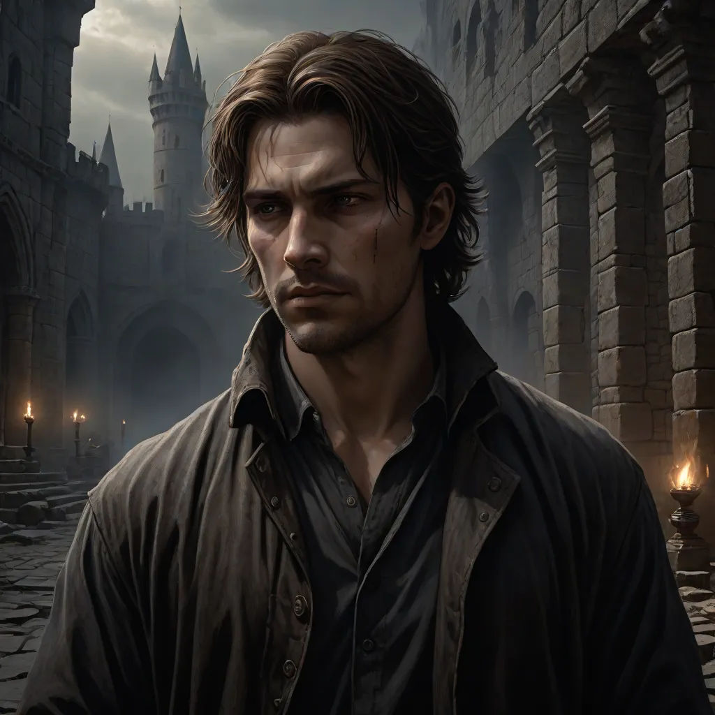a man in a black jacket standing in front of a castle with a clock tower in the background and a candle lit street, Cedric Seaut (Keos Masons), fantasy art, a character portrait, epic fantasy character art