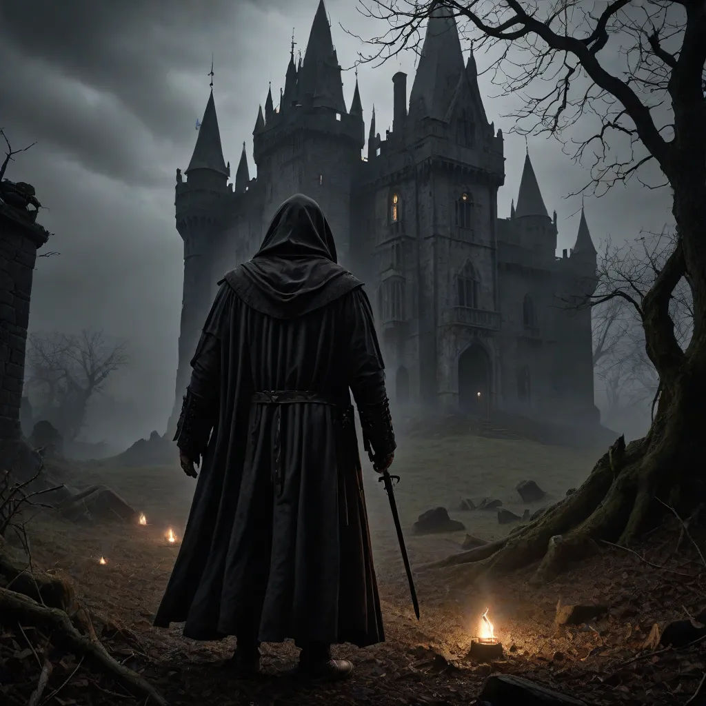 a man in a hooded robe and a hooded robe is standing in front of a castle with a candle lit path, Dirk Crabeth, gothic art, a detailed matte painting, dark fantasy art