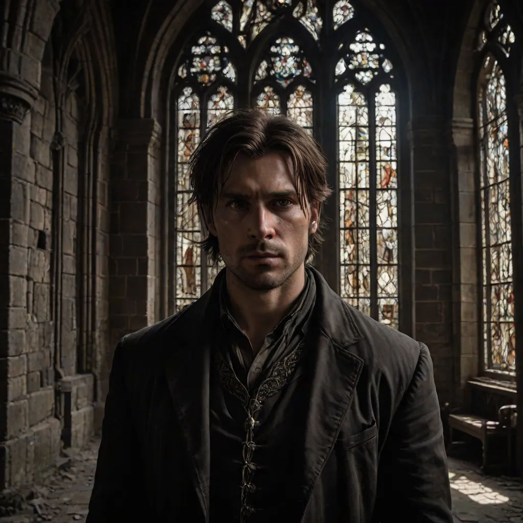 a man standing in front of a stained glass window in a building with a stained glass window behind him, Dirk Crabeth, gothic art, a character portrait, promotional image