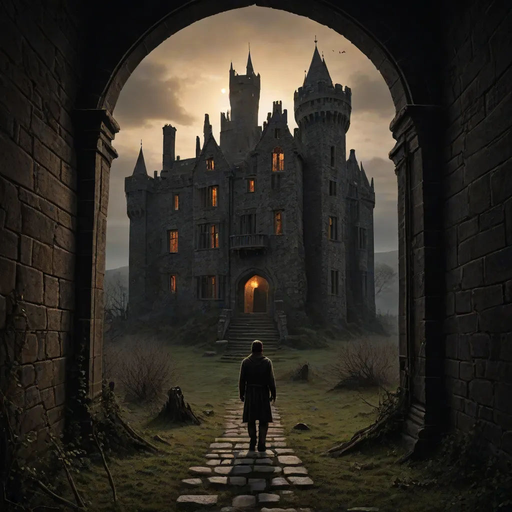 a man standing in front of a castle entrance with a dark sky in the background and a person standing in the doorway, Dirk Crabeth, gothic art, a matte painting, dark fantasy art