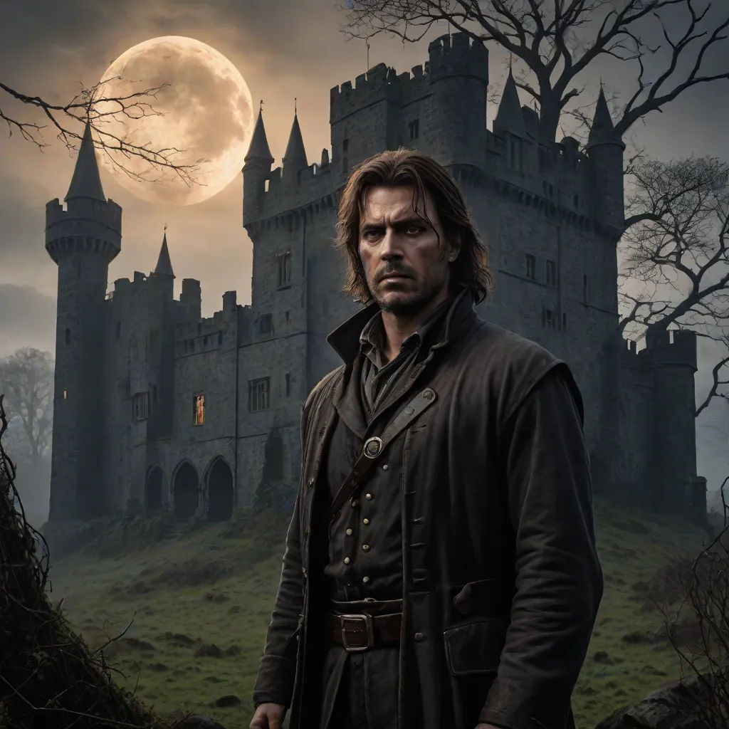 a man in a black coat standing in front of a castle with a full moon in the background and a full moon in the sky, Dirk Crabeth, gothic art, a detailed matte painting, promotional image