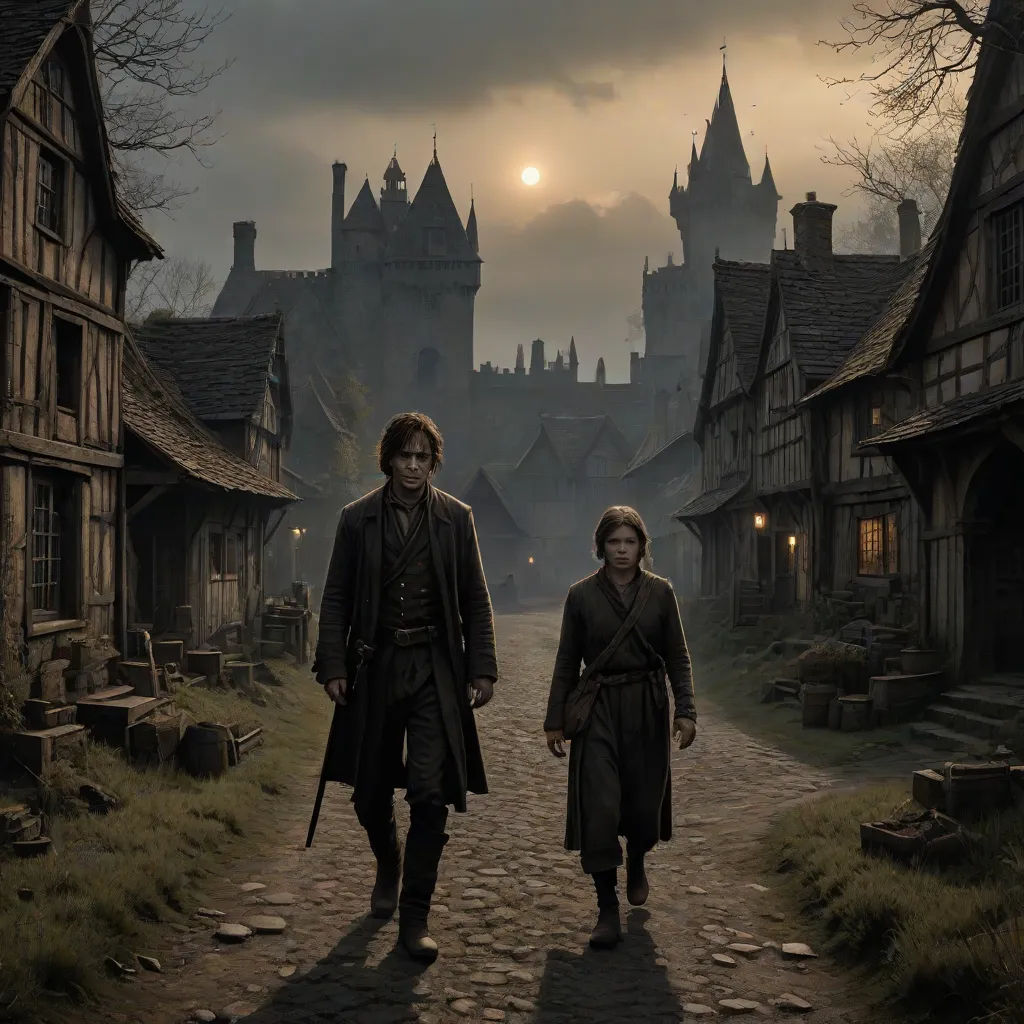 a couple of people walking down a street next to a castle at night with a full moon in the sky, Andreas Rocha, fantasy art, a detailed matte painting, mars ravelo and greg rutkowski