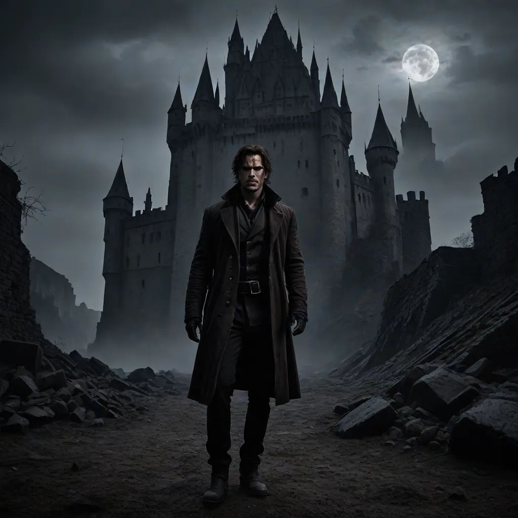 a man in a coat standing in front of a castle with a full moon in the background and a dark sky, Dirk Crabeth, gothic art, a detailed matte painting, promotional image