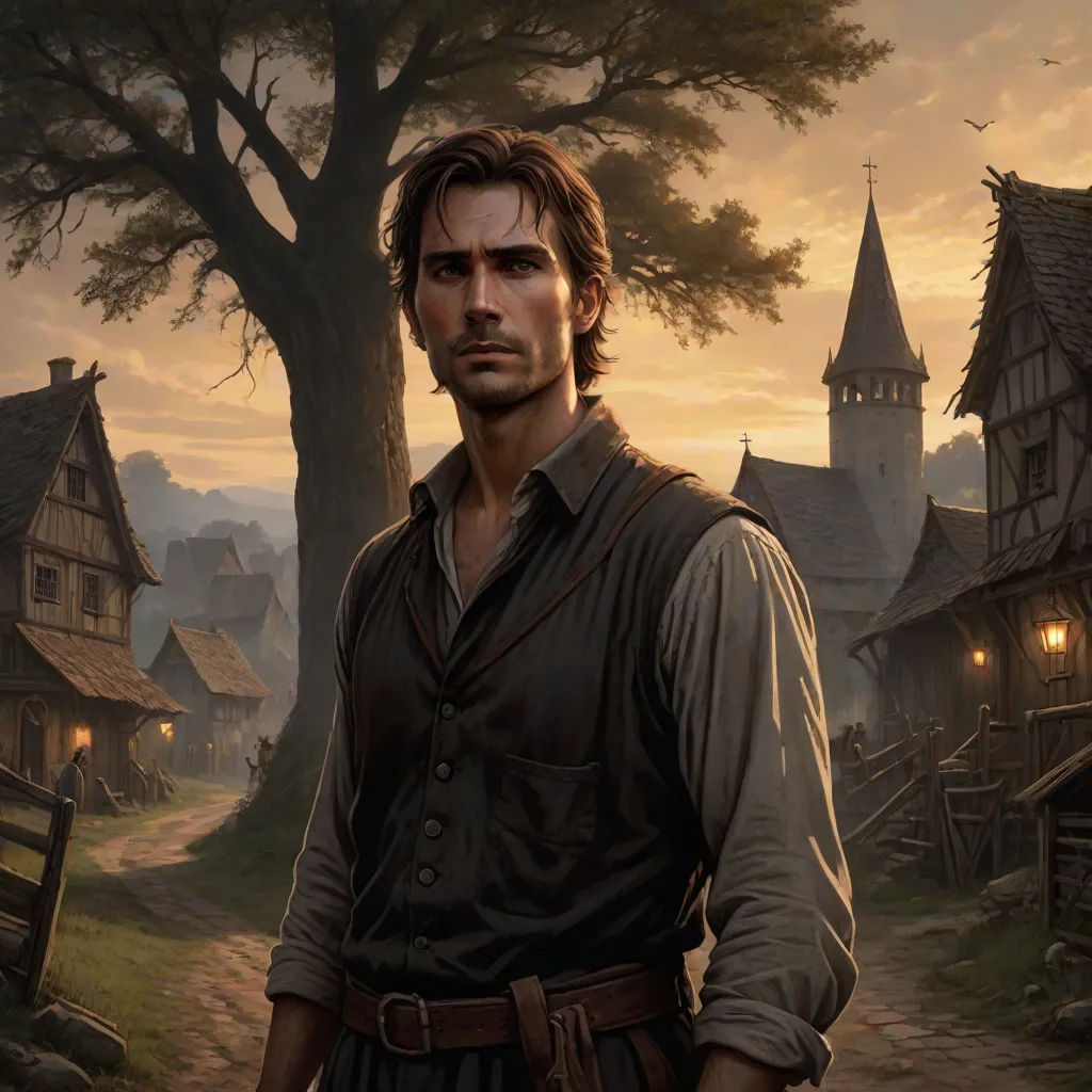 a man standing in front of a tree in a village at sunset with a light on his face and a house in the background, Clint Cearley, fantasy art, a character portrait, epic fantasy character art