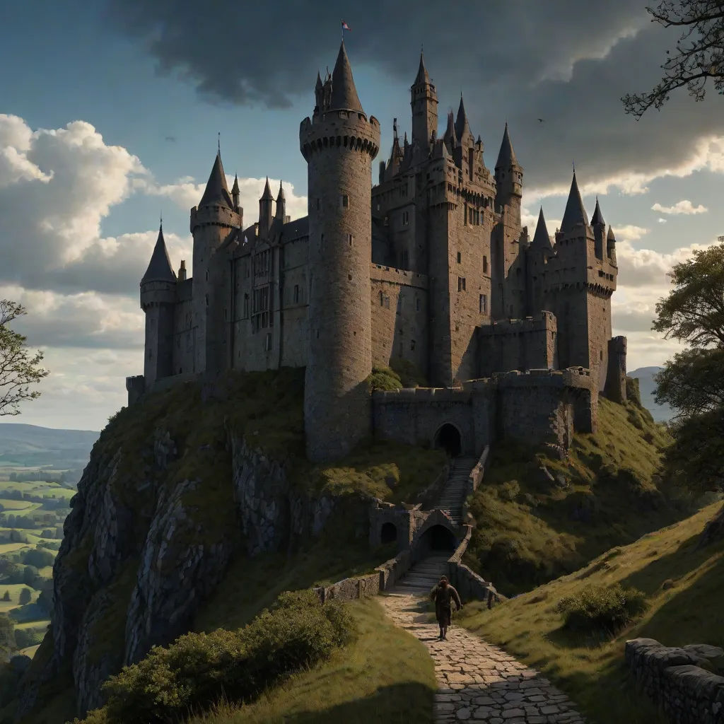 a castle on a hill with a person walking up the path to it and a dark sky in the background, Christophe Vacher, gothic art, a detailed matte painting, matte painting