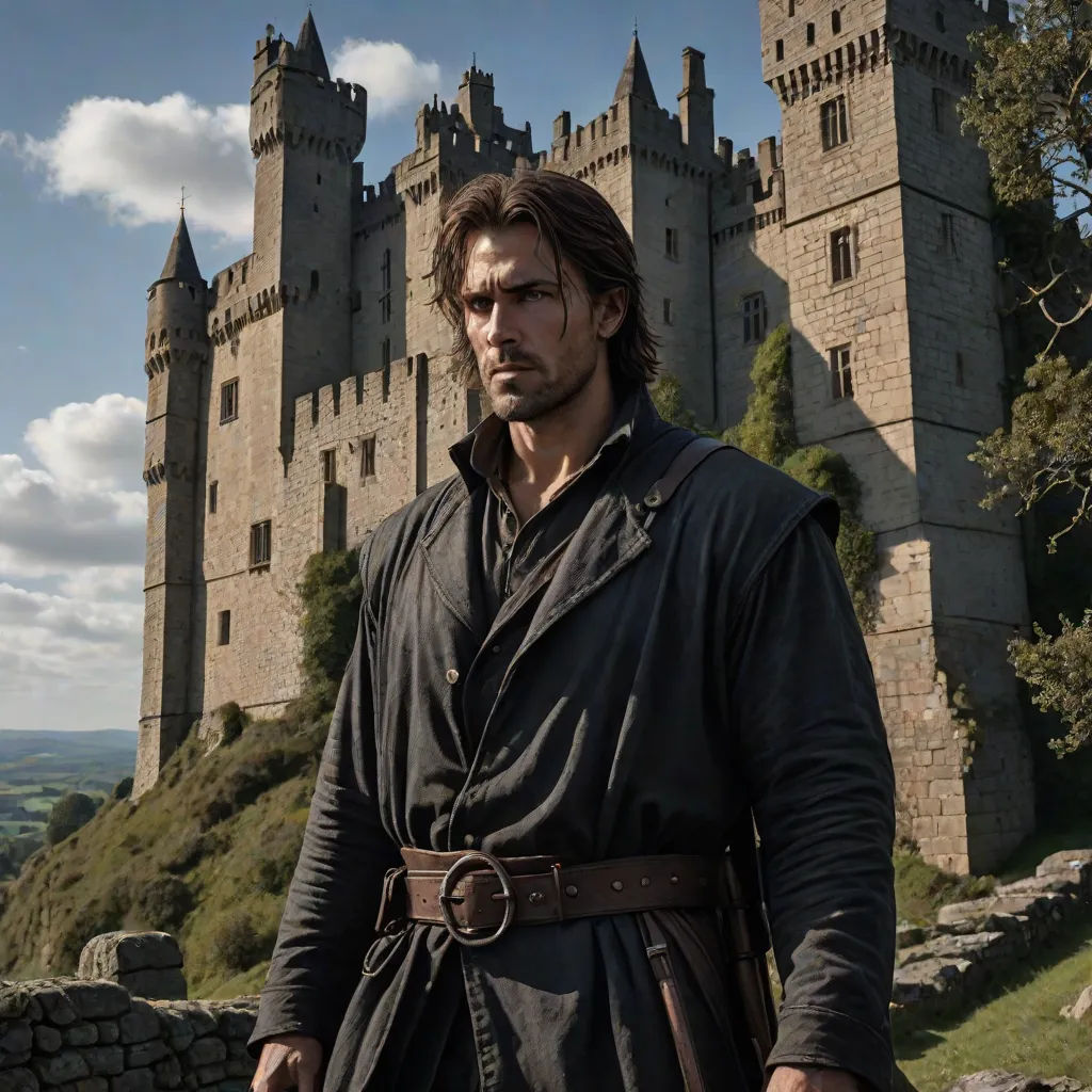 a man in a black outfit standing in front of a castle with a sword in his hand and a sword in his other hand, Cedric Seaut (Keos Masons), renaissance, a detailed matte painting, promotional image