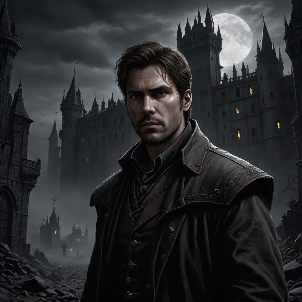 a man in a black coat standing in front of a castle with a full moon in the background and a dark sky, Bastien L. Deharme, gothic art, a character portrait, magic the gathering artwork