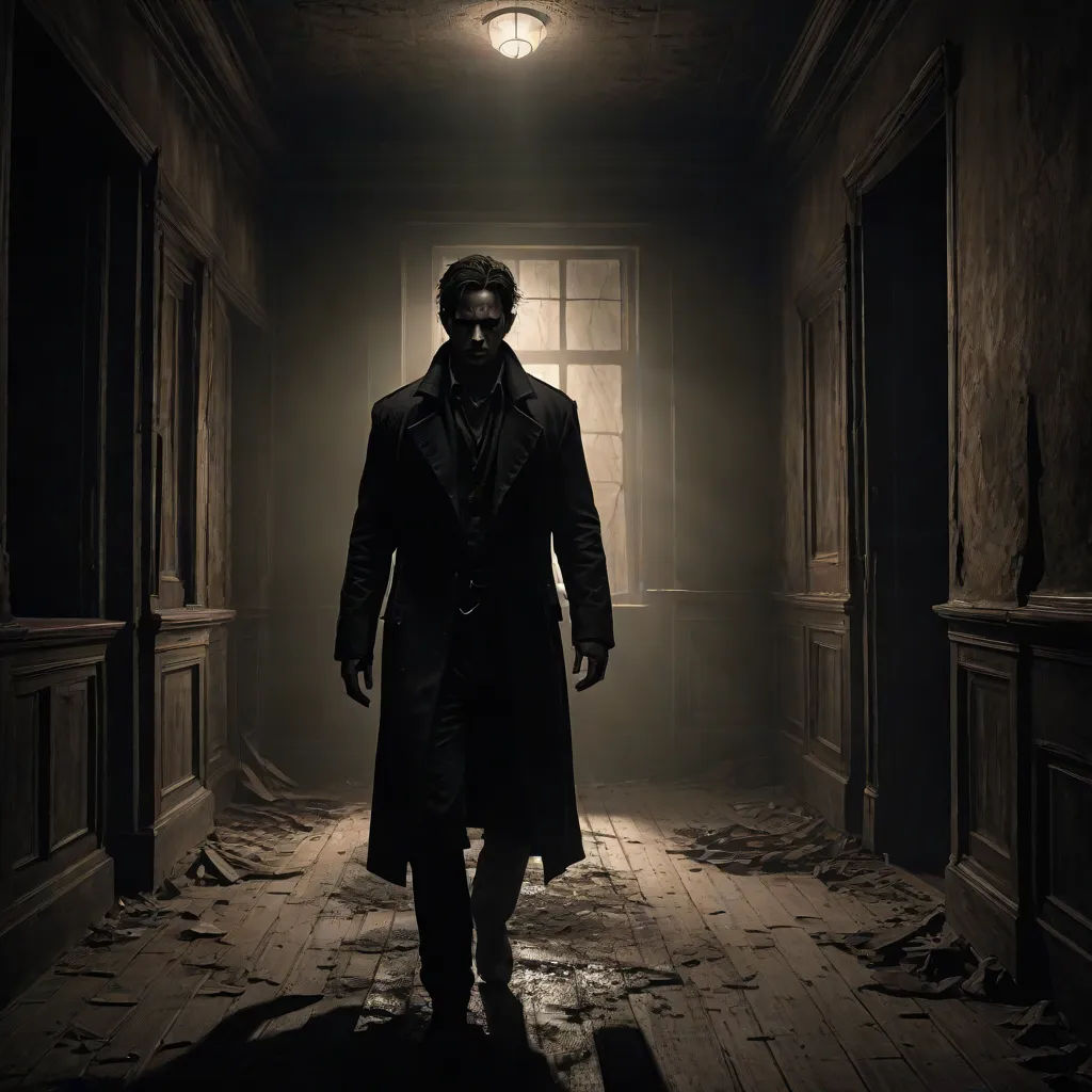 a man in a long coat and a mask walking down a dark hallway with a light on the ceiling, Bryan Organ, neo-romanticism, concept art, promotional image