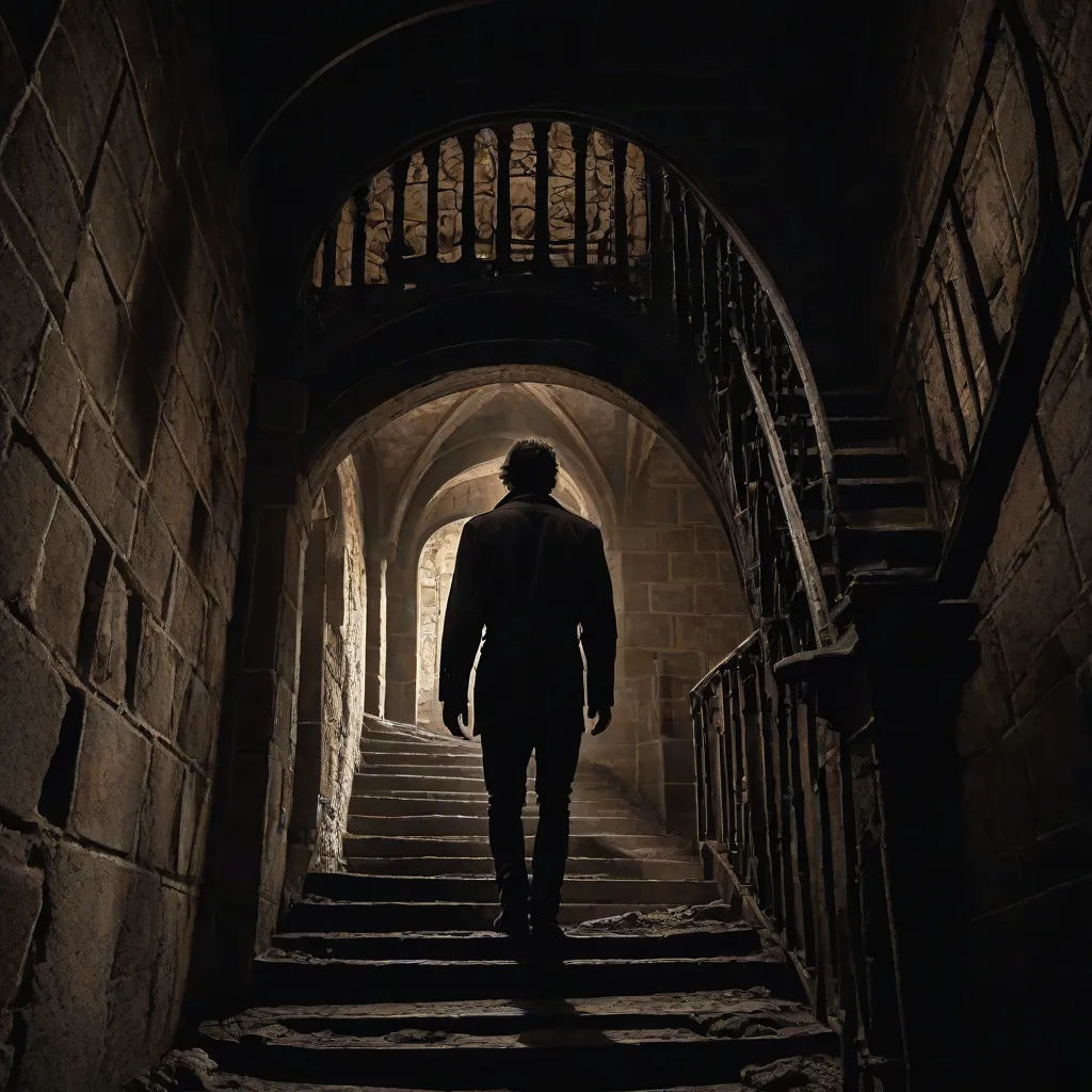 a man walking down a dark hallway with stairs leading to another room with a window on the wall and a door on the other side, Dirk Crabeth, gothic art, a detailed matte painting, dark shadows