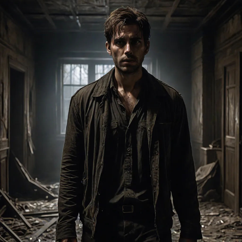 a man standing in a room with a window in the background and a broken ceiling in the background, with a broken ceiling and a broken ceiling, Armin Hansen, aestheticism, poster art, promotional image