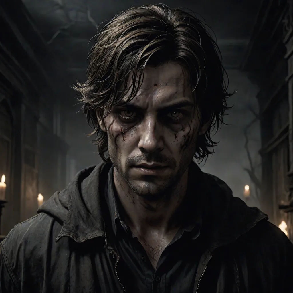 a man with a bloody face and a black jacket in a dark room with candles on the walls and a candlelight in the corner, Dirk Crabeth, gothic art, a character portrait, promotional image