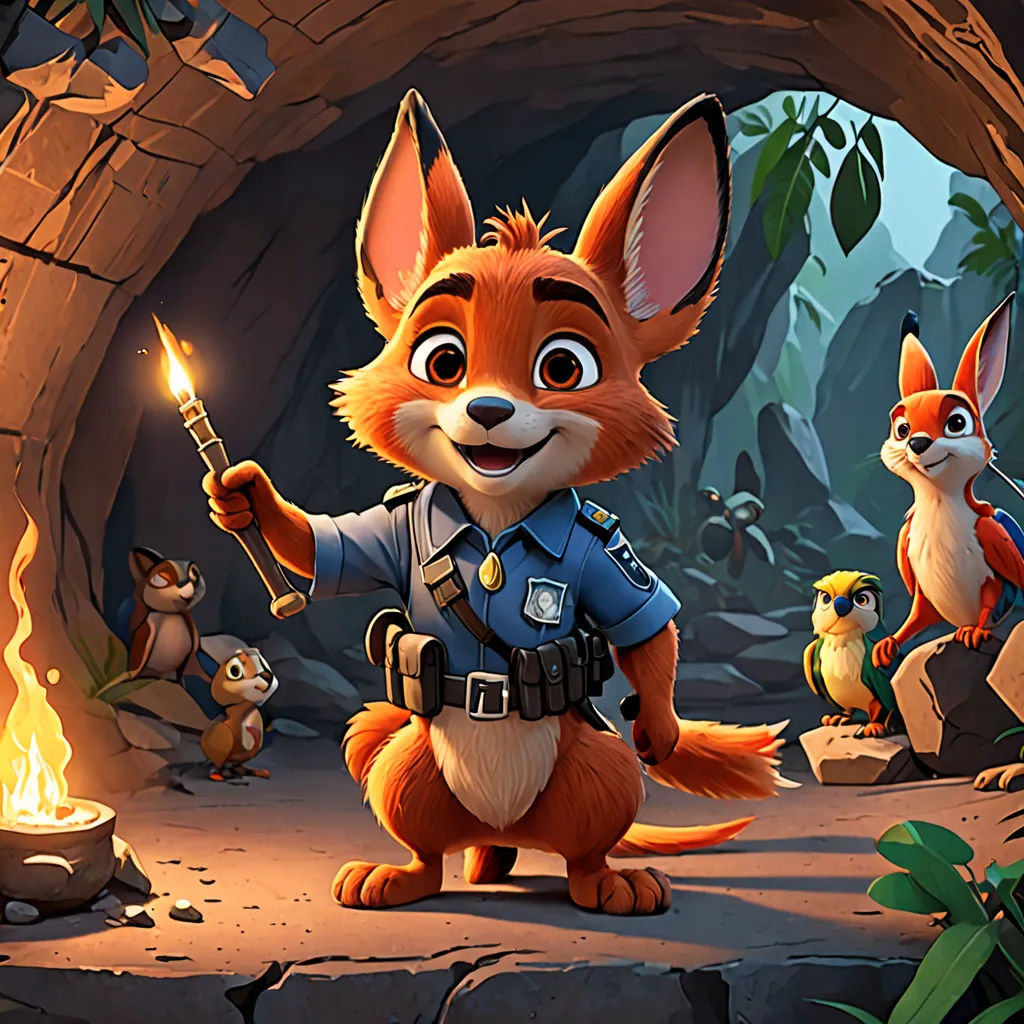 a cartoon of a fox holding a lit candle in a cave with other animals around it and a fire in the background, furry art, concept art, Cliff Childs, promotional image