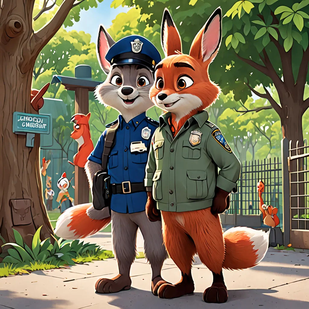a couple of foxes standing next to each other on a sidewalk near a forest and a fence with a sign, furry art, a poster, Bourgeois, official art