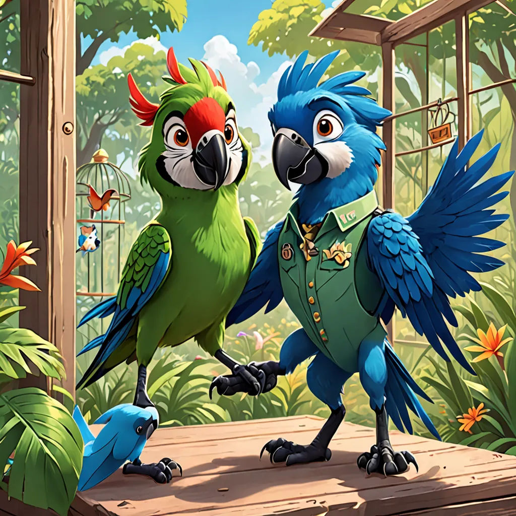 two parrots are standing on a platform in a tropical setting with a bird cage in the background and a bird in the foreground, sots art, concept art, Chris LaBrooy, official art