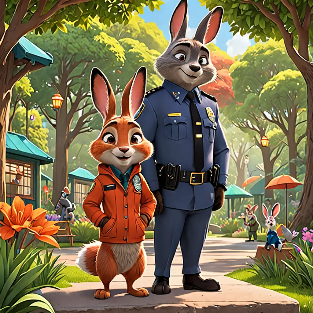 a cartoon of a man and a rabbit standing next to each other in a park with trees and flowers, furry art, concept art, Beeple, official art