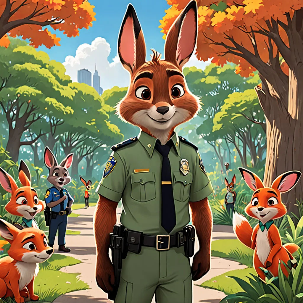 a cartoon of a man in a forest with animals around him and a cop standing in front of him, furry art, concept art, Chris LaBrooy, official art