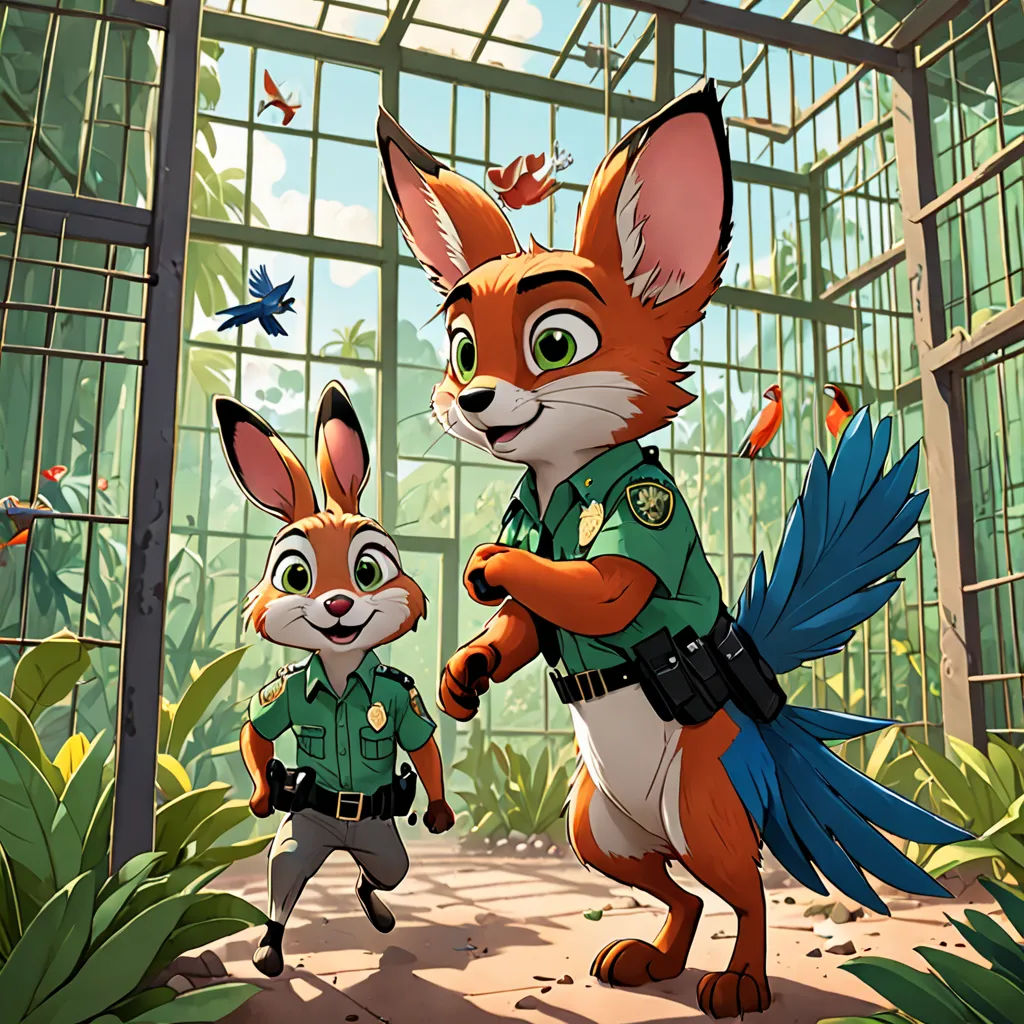 a cartoon of a fox and a rabbit in a zoo setting with a bird in the background and a bird in the foreground, furry art, concept art, Adam Rex, official art