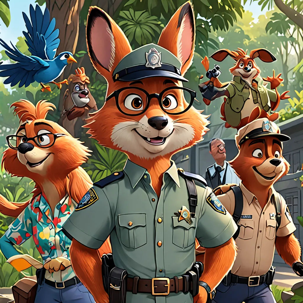 a cartoon of a fox cop surrounded by other animals and people in the jungle, with a bird flying above, furry art, a poster, Altichiero, official art