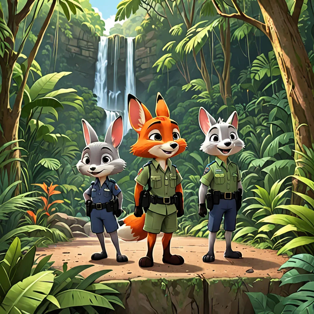 a group of animals standing in front of a waterfall in the jungle with a forest background and a forest ranger, sots art, poster art, disney, official art