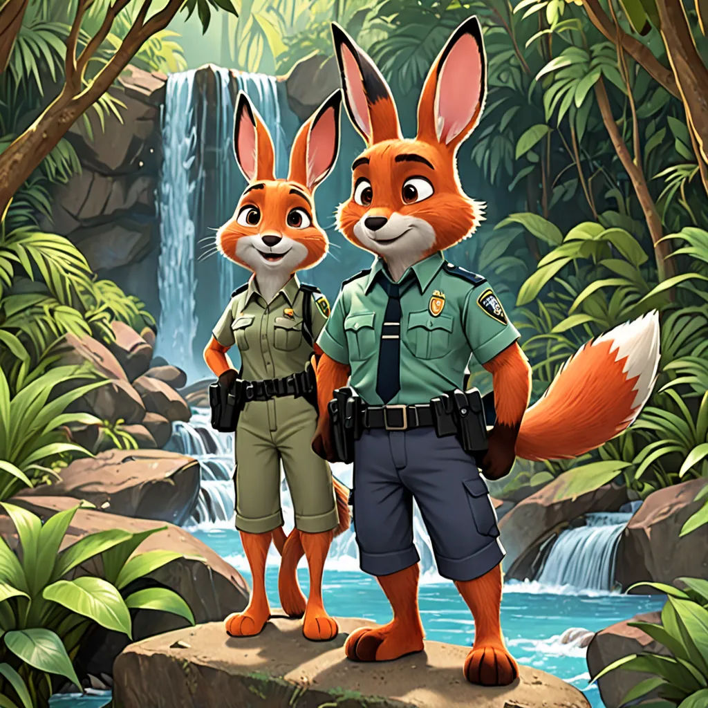 a couple of animals standing next to each other on a rock in front of a waterfall and forest with a waterfall, furry art, concept art, Felix-Kelly, official art