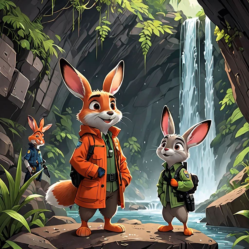 a couple of animals standing next to a waterfall in a forest with a waterfall in the background and a person in an orange jacket, furry art, a poster, Cliff Childs, key art