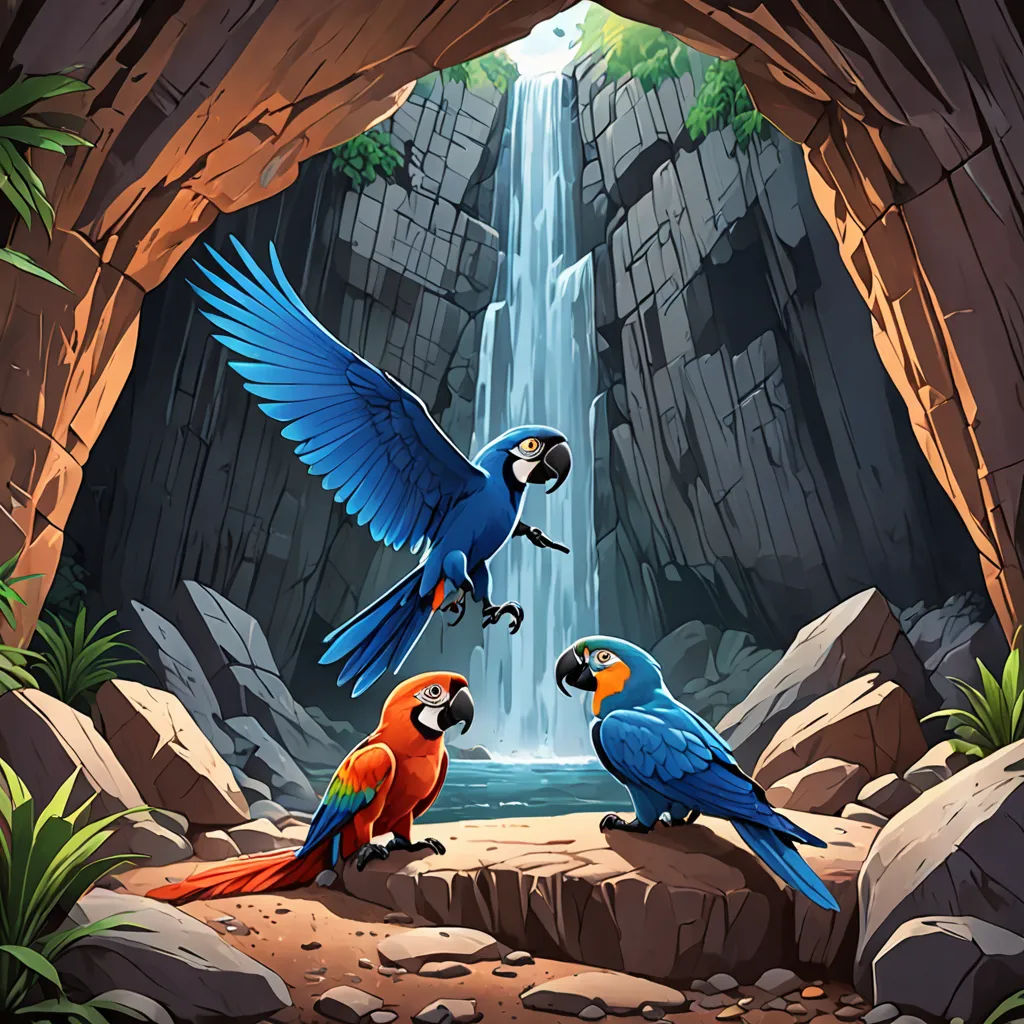 three parrots are sitting on a rock near a waterfall and a waterfall is in the background with a waterfall, fantasy art, poster art, Chris LaBrooy, birds