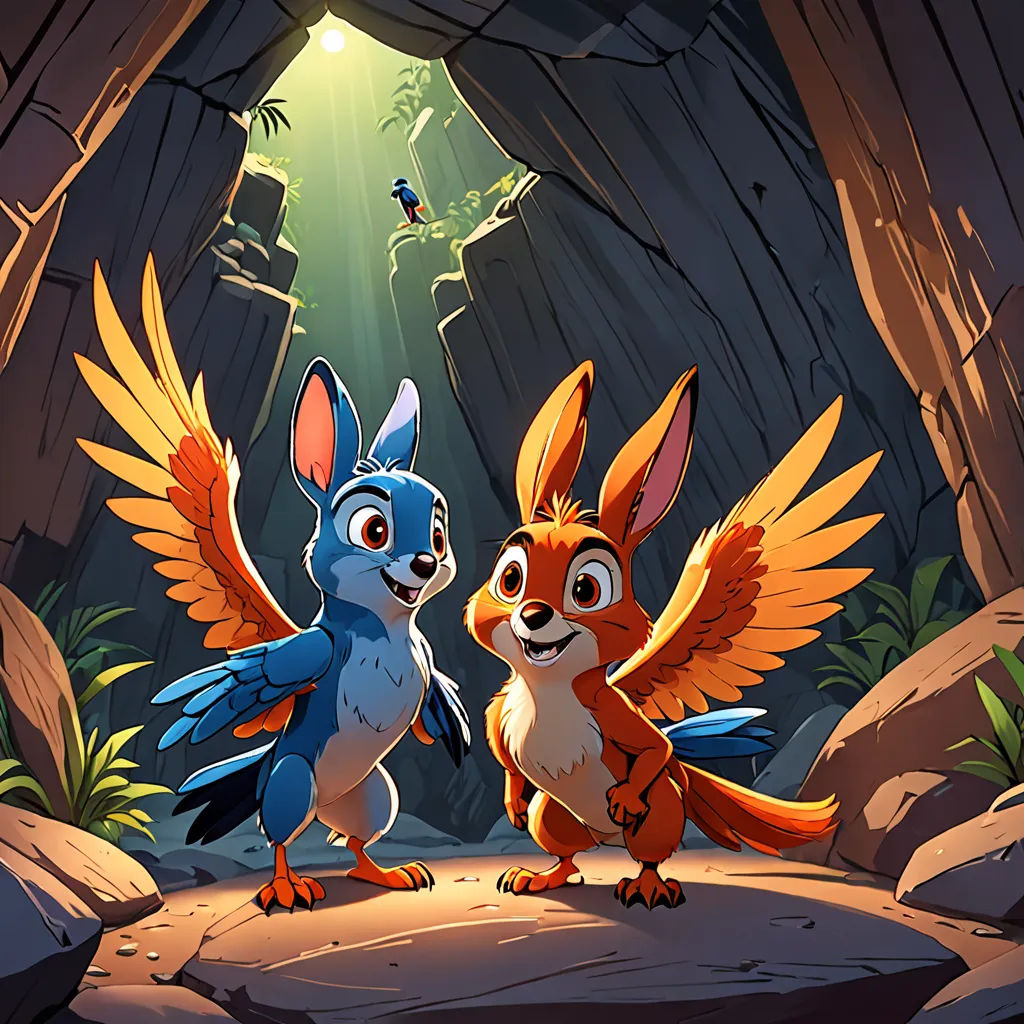 a cartoon of two birds standing next to each other on a rock covered ground with a cave in the background, furry art, concept art, Cliff Childs, promotional image