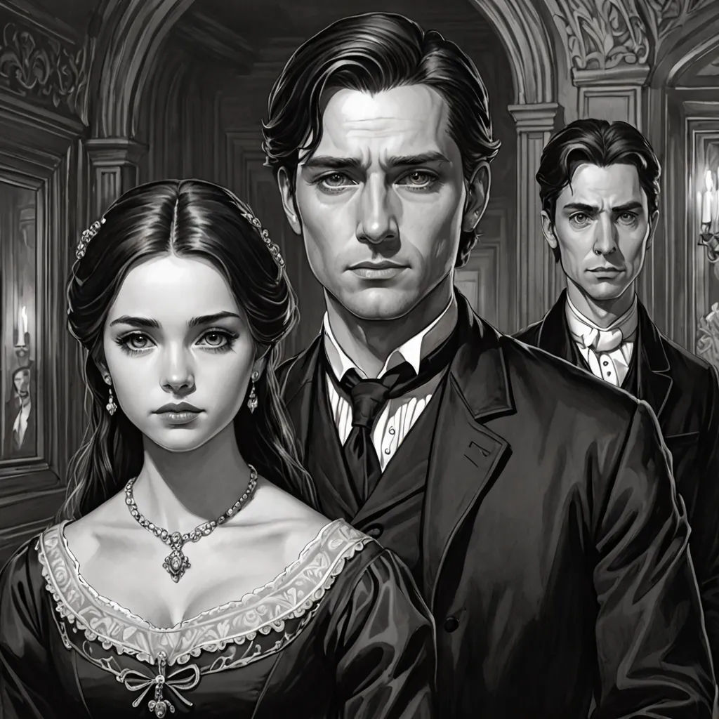 a black and white drawing of a man and woman in formal wear and a man in a suit and tie, gothic art, an ultrafine detailed painting, Edgar Ainsworth, victorian