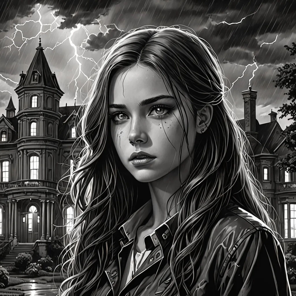 a woman standing in front of a house with a lightning in the background and a storm coming in from the sky, gothic art, poster art, Dan Mumford, comic cover art