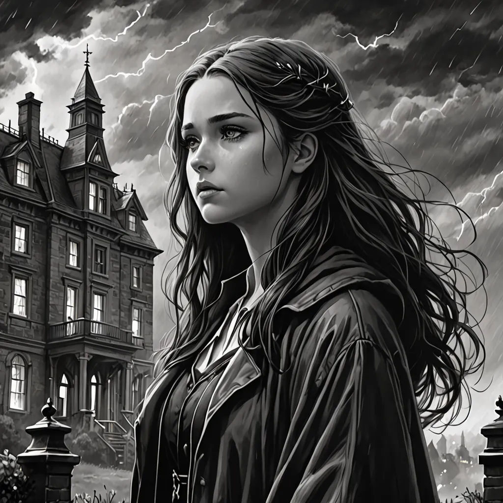 a woman standing in front of a large building under a cloudy sky with a lightning behind her and a black and white photo of a woman, gothic art, a detailed matte painting, Edgar Ainsworth, gothic