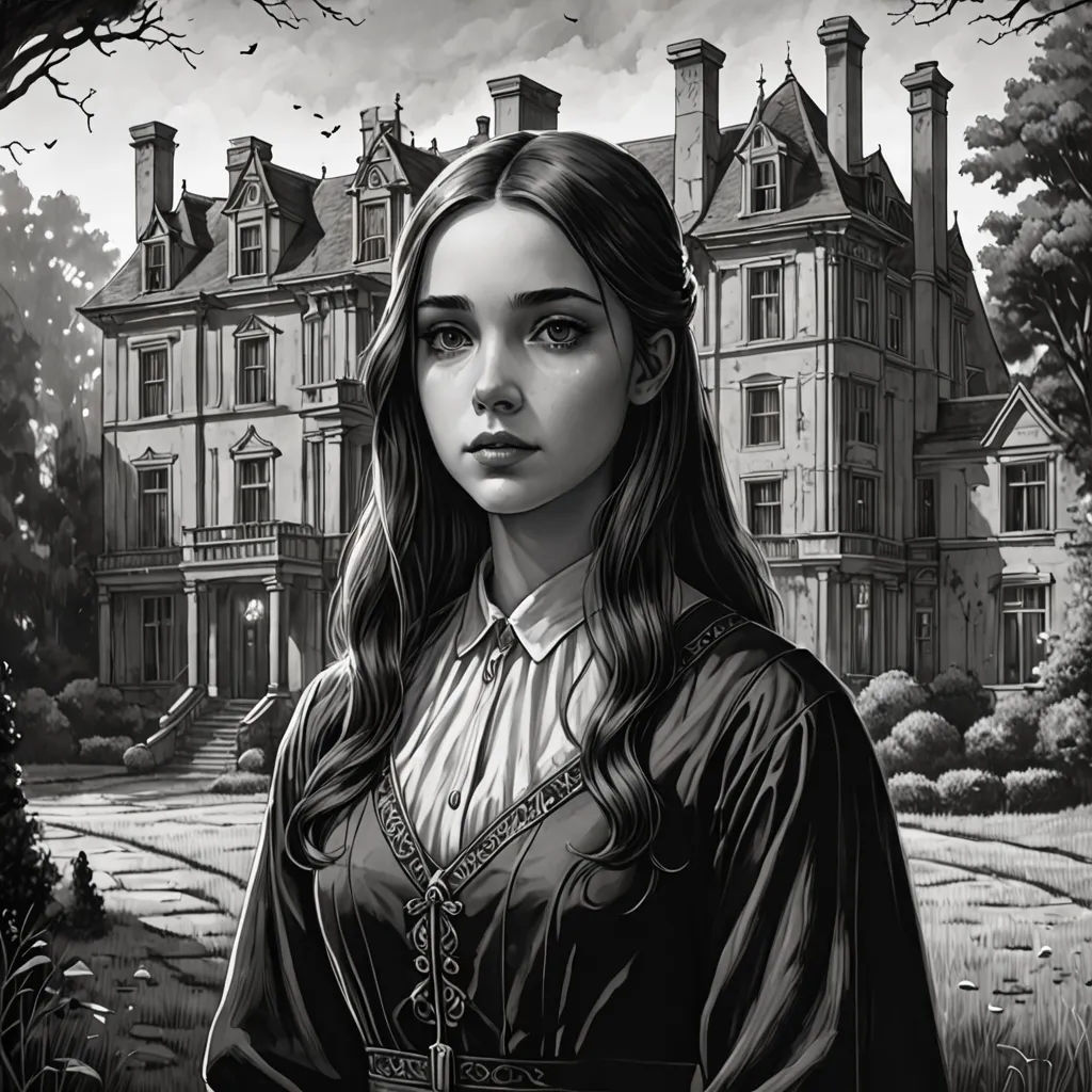 a woman standing in front of a large house with a clock on it's wall and a tree, gothic art, a character portrait, Edgar Ainsworth, victorian